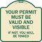 Signmission Your Permit Must Valid and Visible If Not You Will Towed Aluminum Sign, 18" x 18", TG-1818-22693 A-DES-TG-1818-22693 - alternate 1